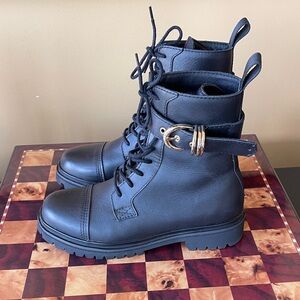 Versace black Lace-Up Combat Boots with Gold Buckle